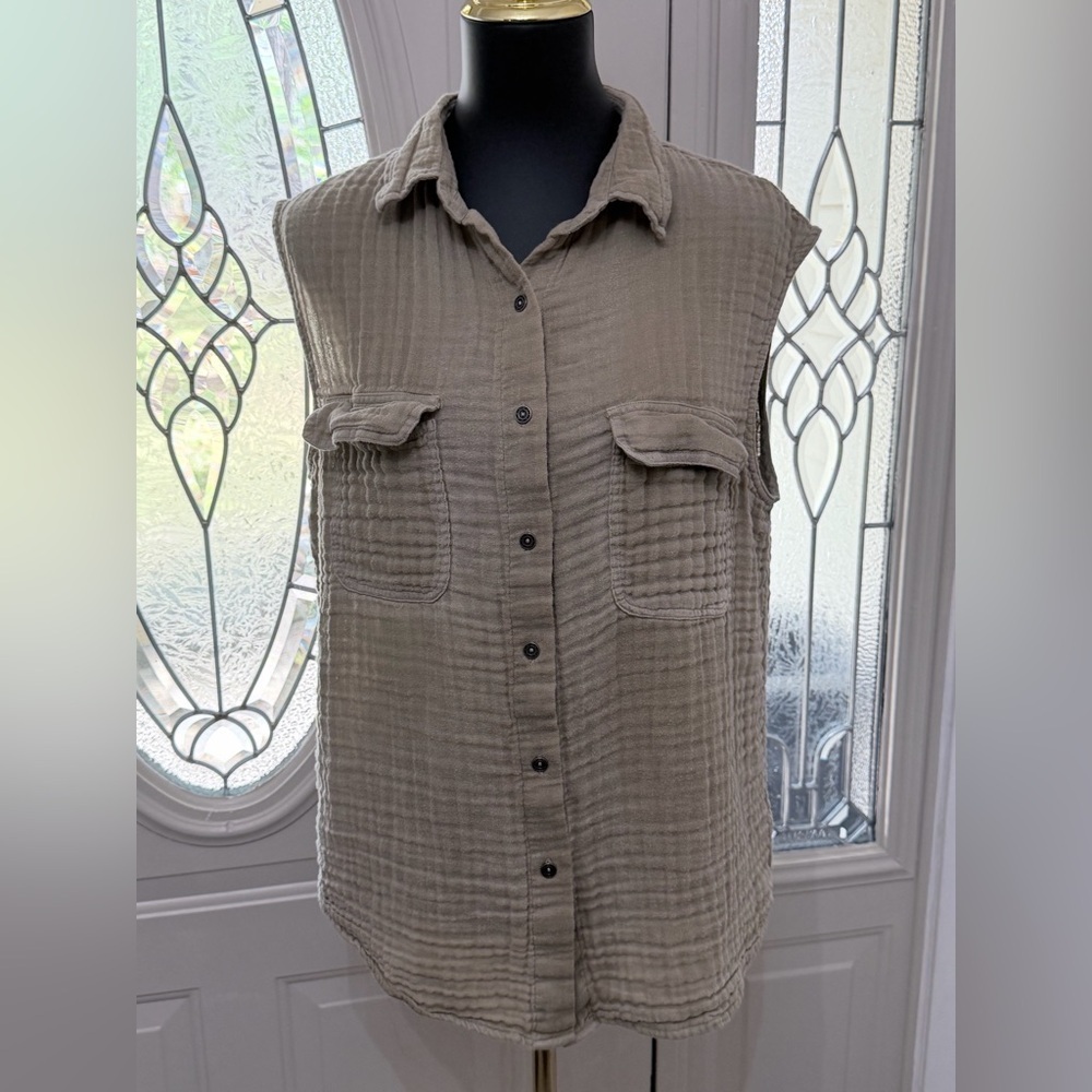Free People Gauze Button Front Sleeveless Small Beige/Taupe Boho Utility Shirt - Picture 2 of 10
